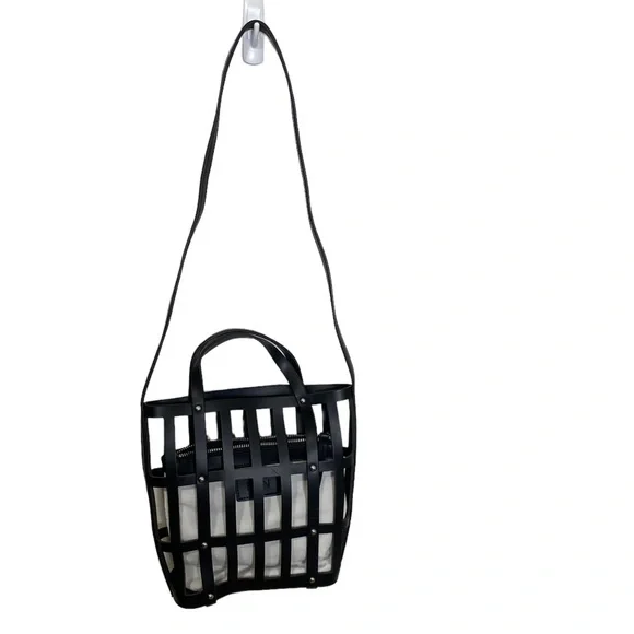 EXPRESSIONS NYC Black Vegan Leather Cut Out + White Zip Mini Bag Shoulder Purse - Picture 3 of 7